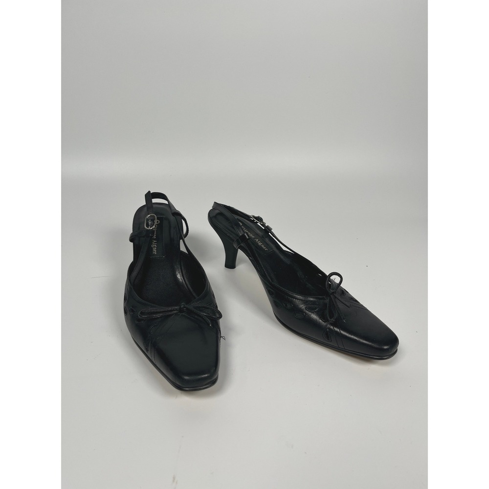 VTG Leather Slingback Kitten Heels Women 8 Black Bow 90s Minimalist Capsule Chic
